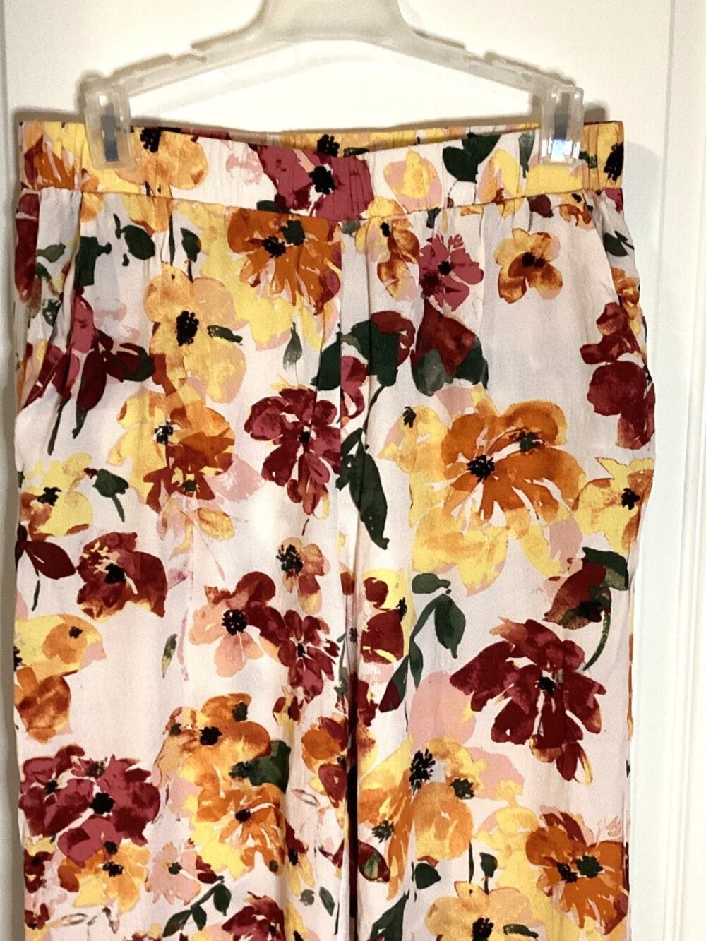 ICHI Floral Wide Leg Palazzo Pants Cream Yellow Orange Red Linen Blend Pockets - Picture 3 of 8